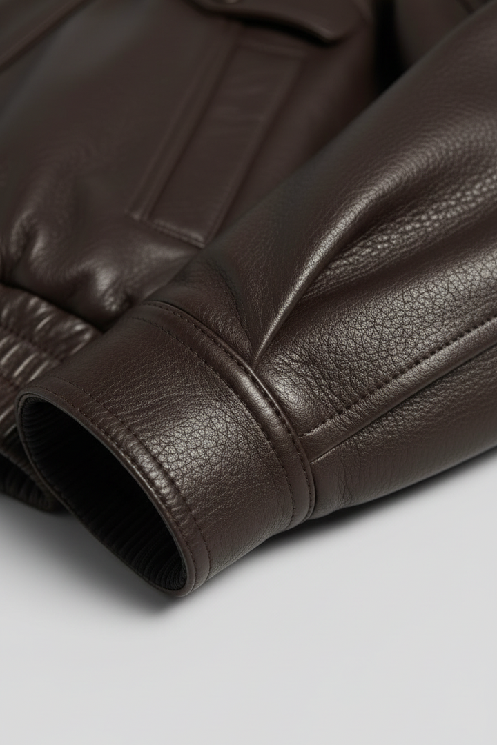 BRISTOL - Brown leather jacket, front close-up sleeve design