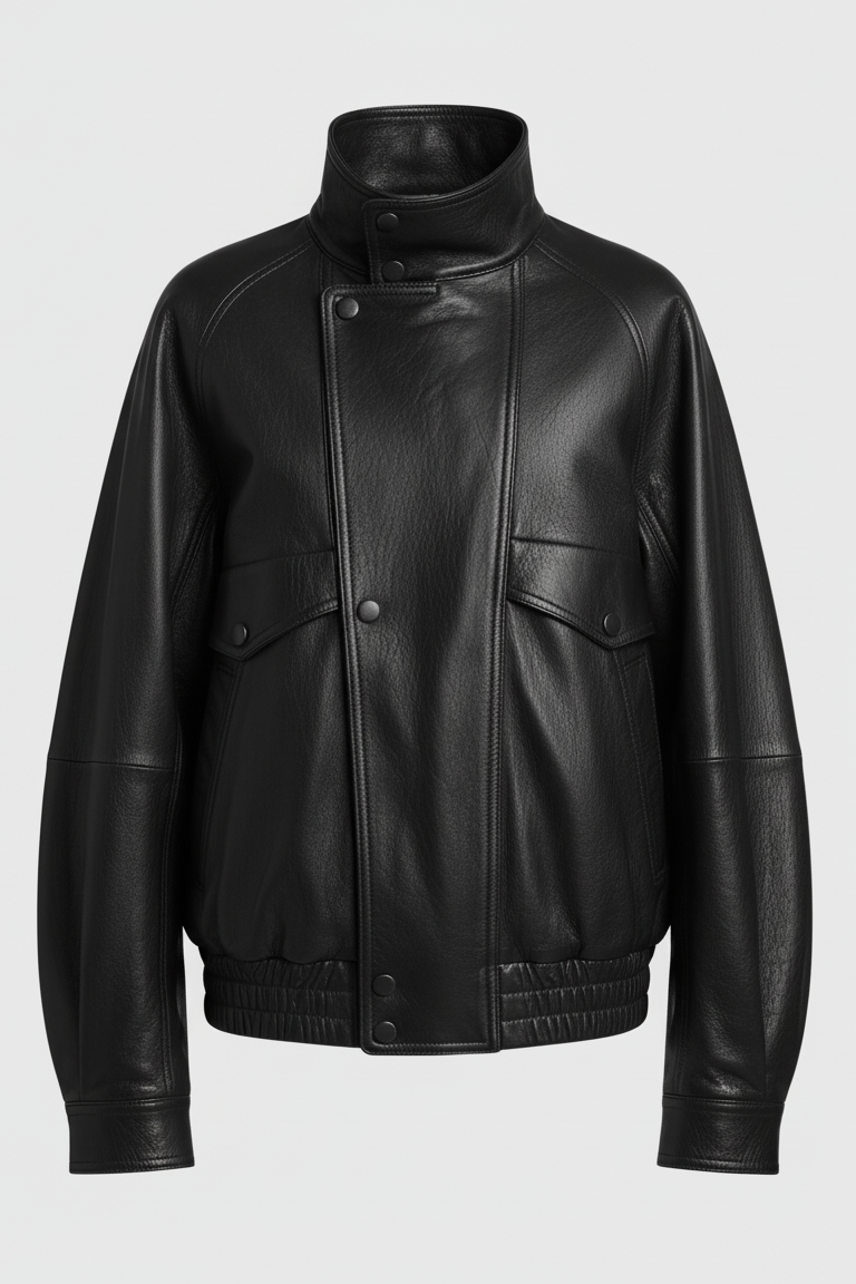 BRISTOL - Dark brown leather jacket, hanging on a white hanger, showing overall silhouette