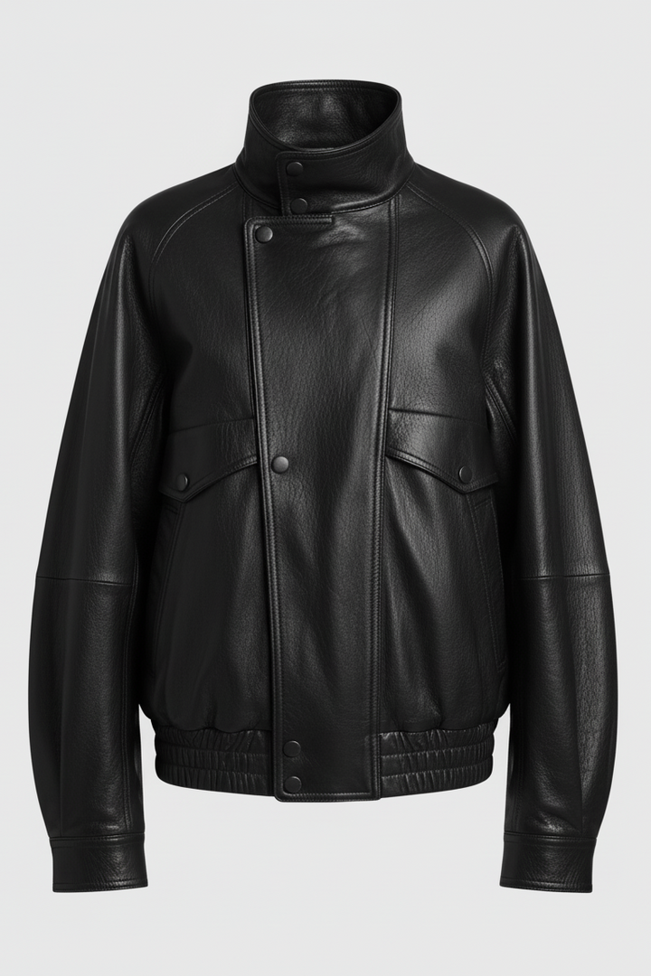 BRISTOL - Dark brown leather jacket, hanging on a white hanger, showing overall silhouette