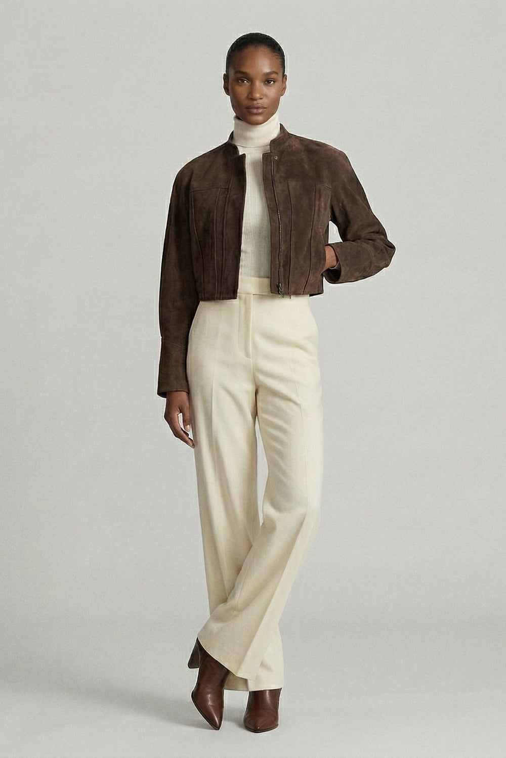 BRYN - Suede Sheepskin Jacket, Cropped, Brown, Mock Neck