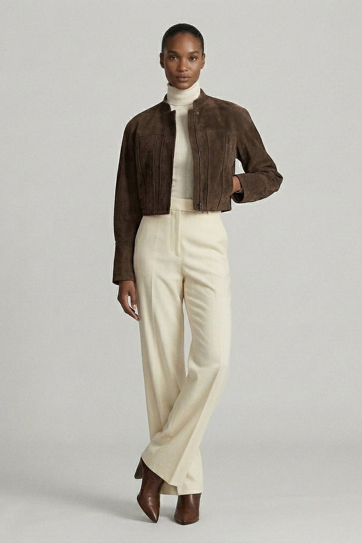 BRYN - Suede Sheepskin Jacket, Cropped, Brown, Mock Neck