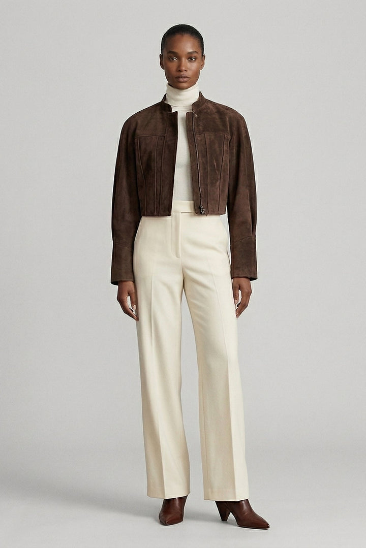 BRYN - Suede Sheepskin Jacket, Cropped, Brown, Mock Neck