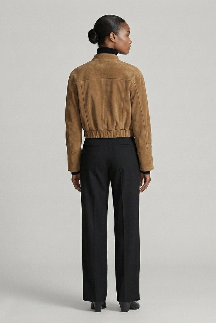 BRYN - Suede Sheepskin Jacket, Front Close-up, Detailed Stitching