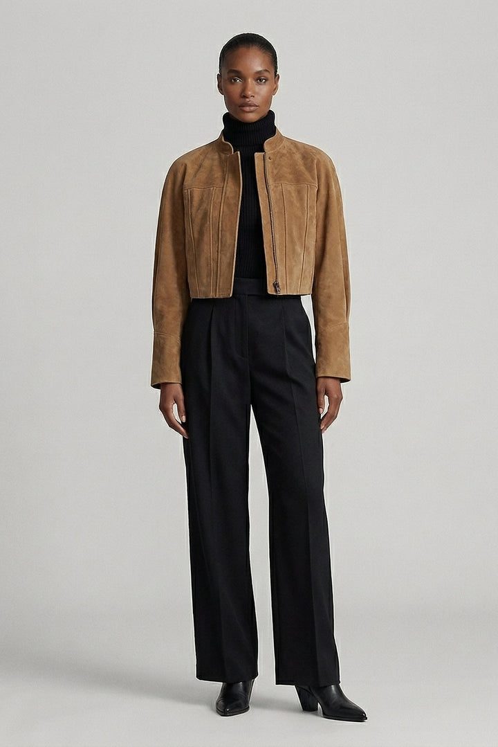 BRYN - Suede Sheepskin Jacket, Model Posing, Light Grey, Black Trousers