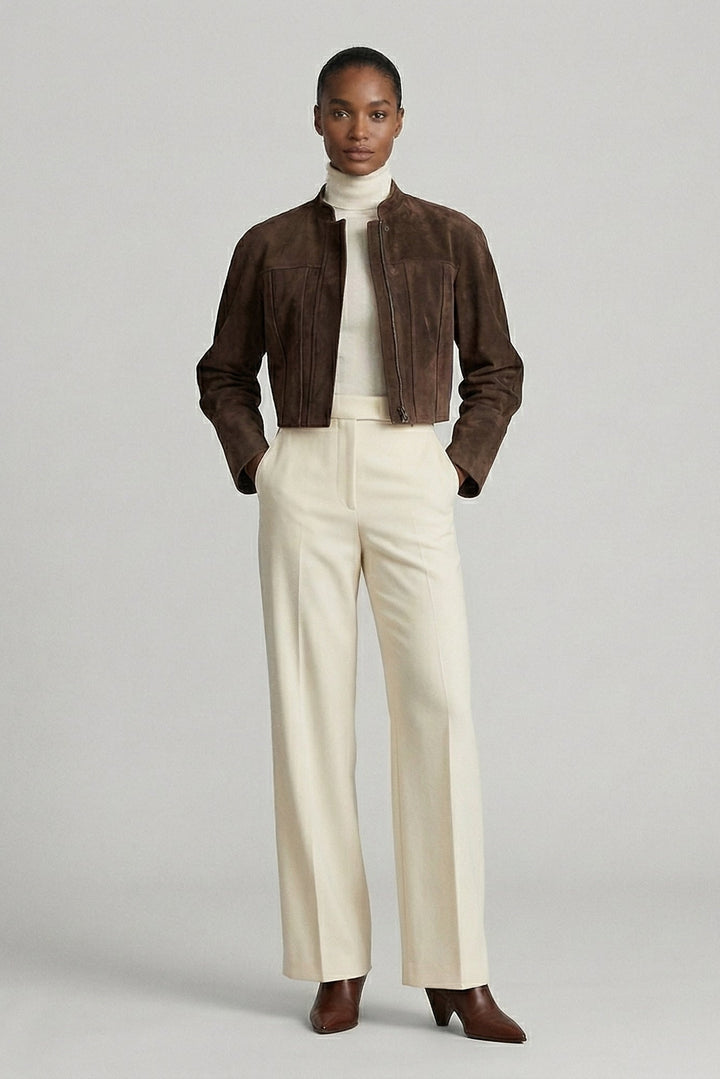 BRYN - Suede Sheepskin Jacket, Side Profile, Black Trousers
