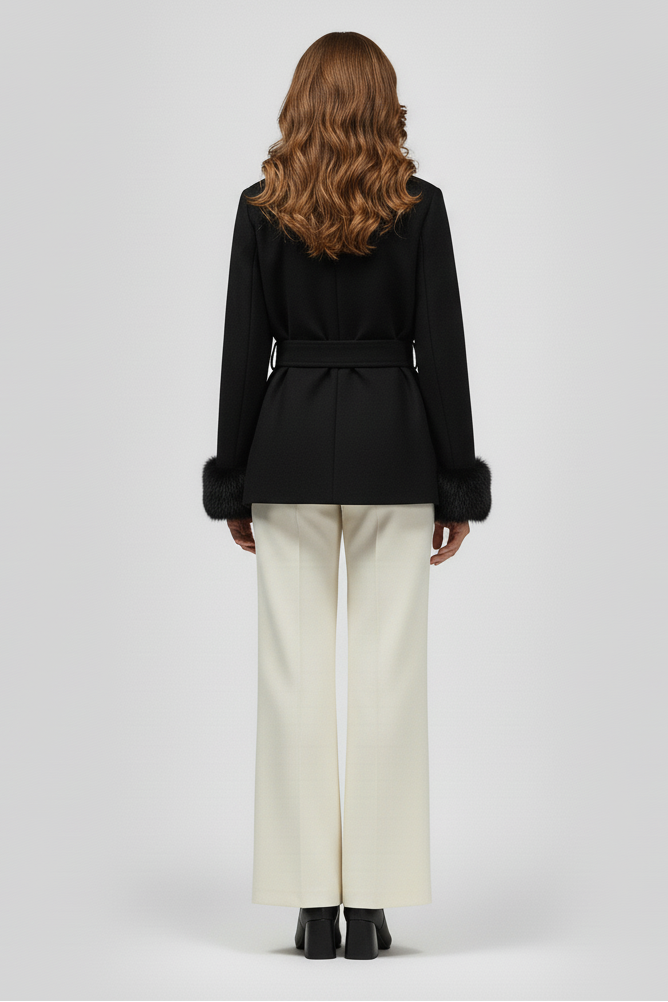 Black belted winter coat for women without fur collar, minimalist tailored design, elegant luxury outerwear worn with cream trousers in studio setting