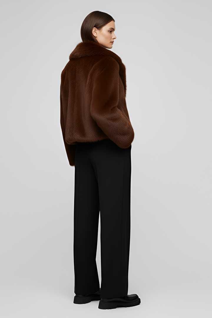 CAMELIA Faux Fur Winter Coat Warm Heritage back view, brown faux fur jacket with heritage winter style, elegant women winter outerwear on studio background