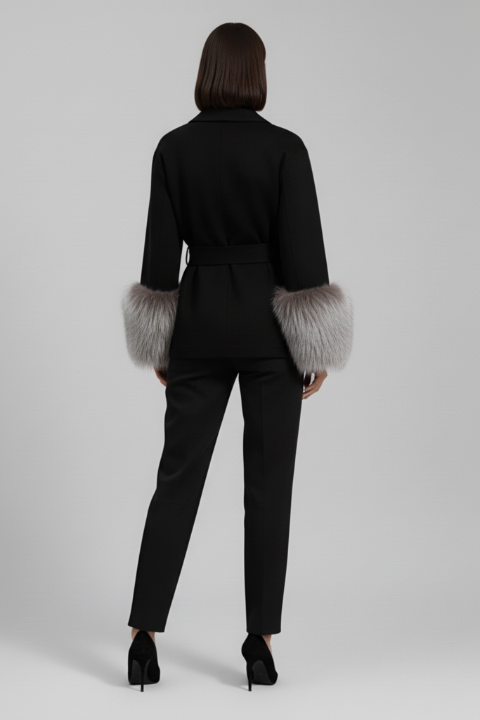Black outfit with fur cuffs on a plain background