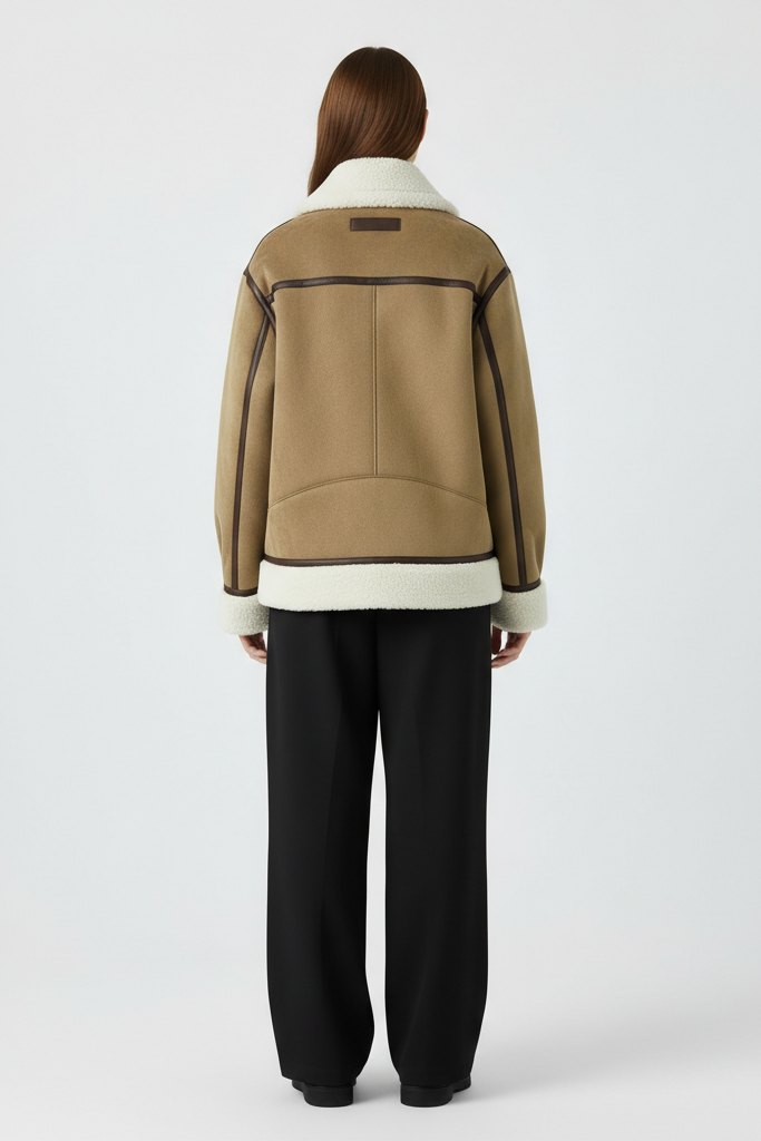 Cream bomber jacket with stand-up collar, zip closure, diagonal pockets, and dark trims with shearling cuffs and hem.