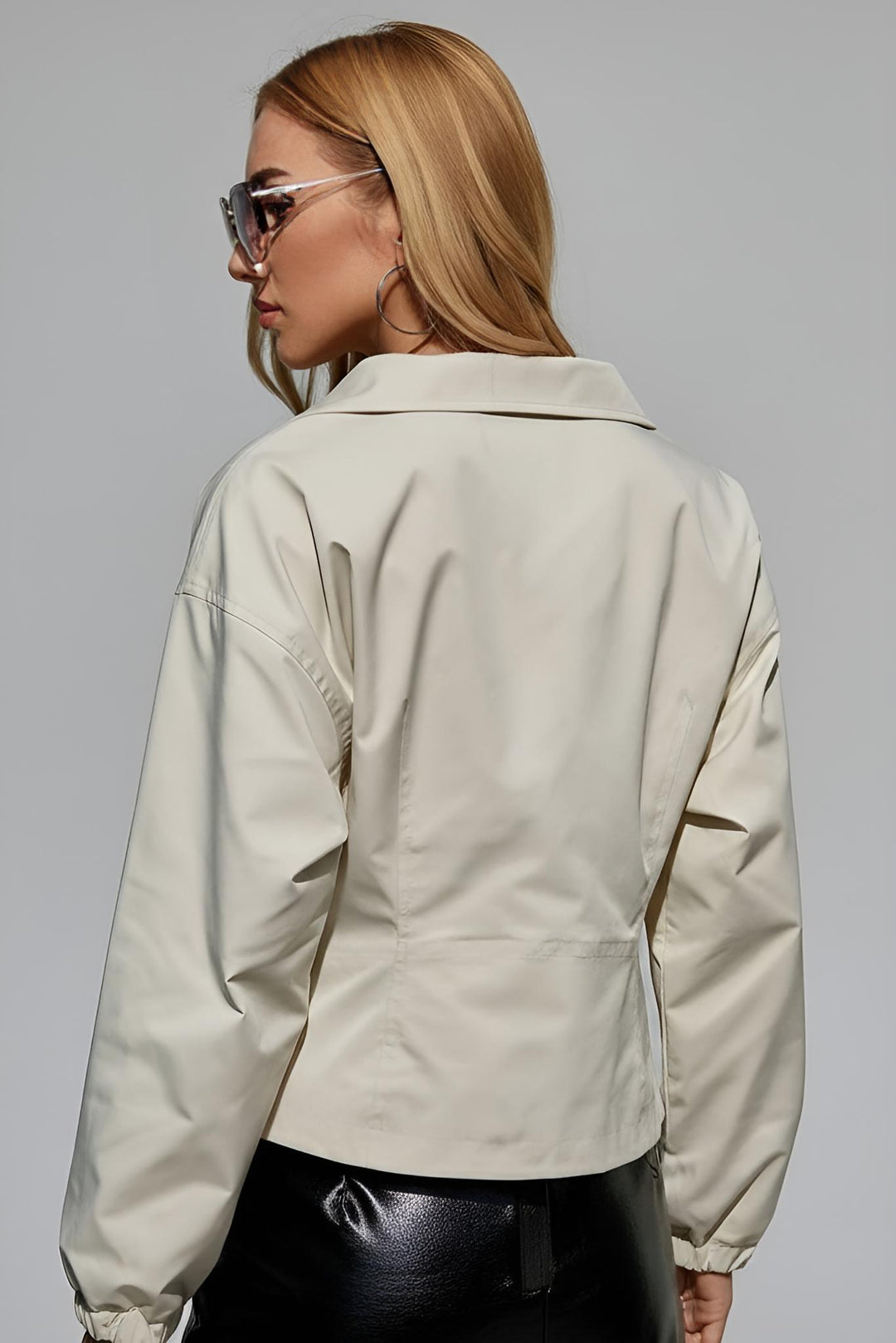 Back view of MAELIN beige jacket on model