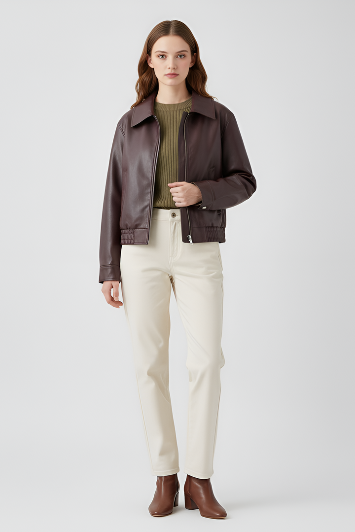 Back view of model wearing Dalvera warm faux leather jacket