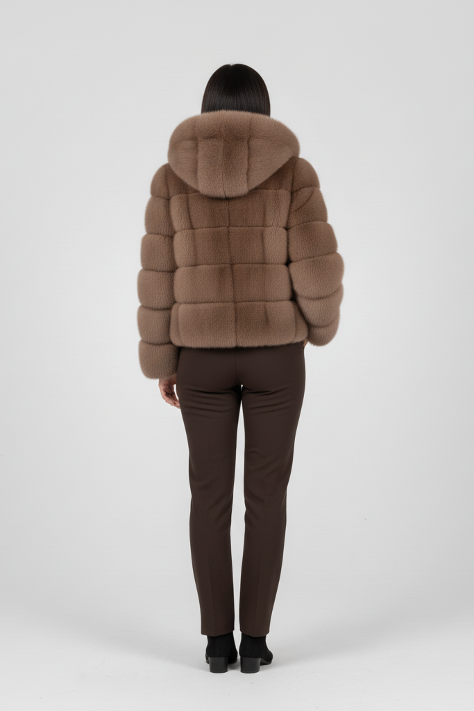 Back view of the FERALYN faux fur jacket displaying its hood and texture.
