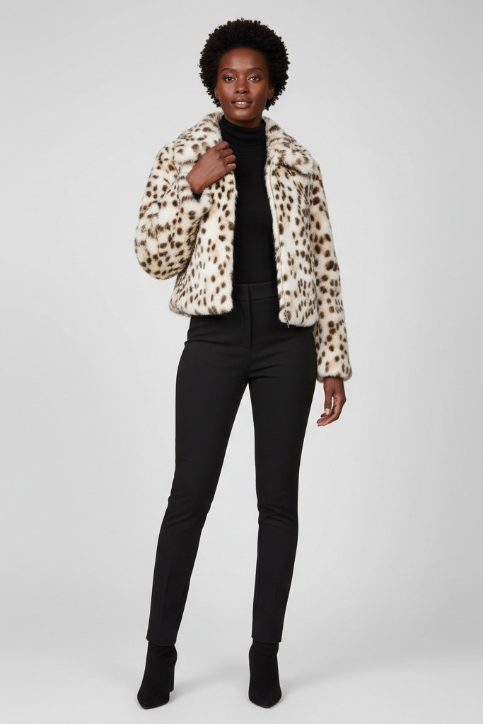 Back view of the LEOVARA faux fur coat showing the full leopard pattern.
