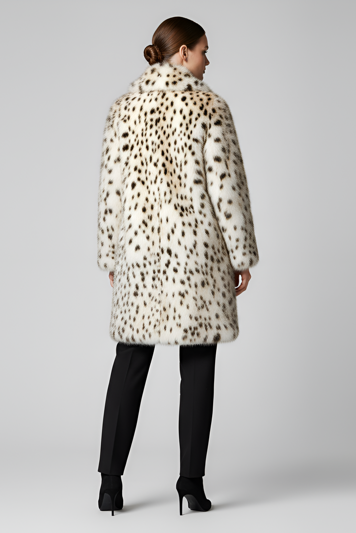 Back view of the LEOVARA leopard faux fur coat.