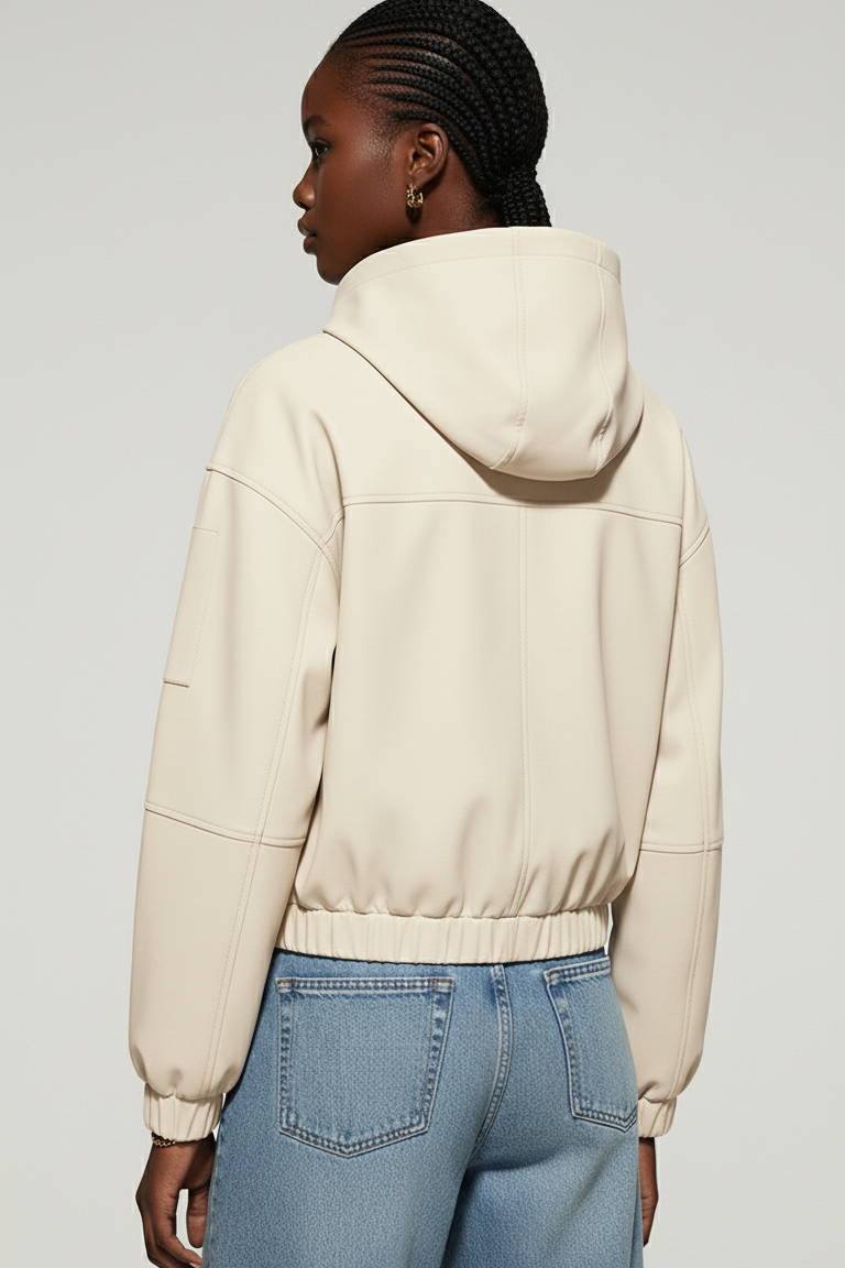 Back view of the MAERIS trench coat BEIGE featuring hood design and clean lines.