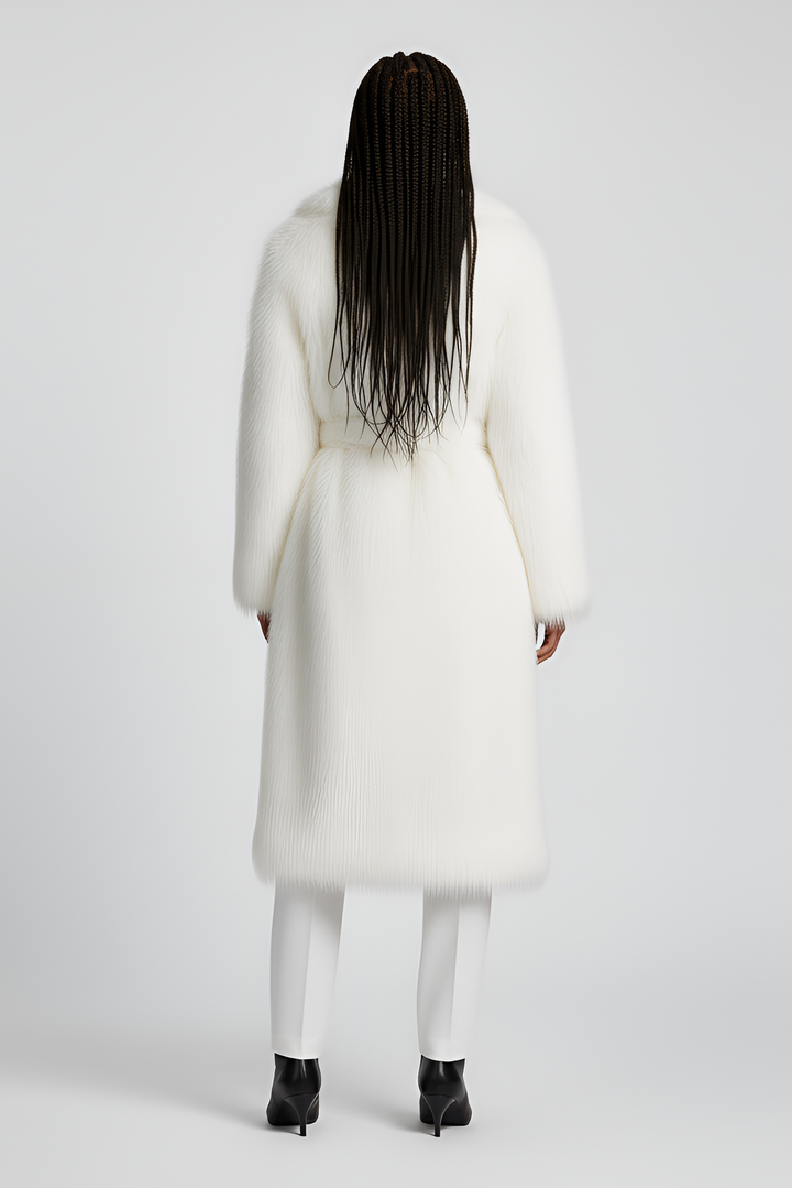 Back view of the MARZELA coat showing its flowing long-length design.