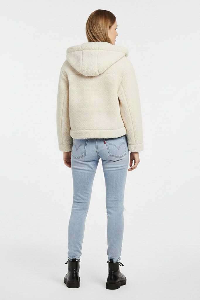 Back view of woman wearing MYRALI Winter Fleece Jacket in studio