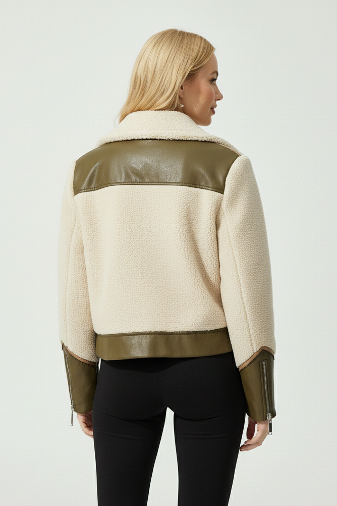 Back view of woman wearing VERLIA Winter Teddy Jacket with contrast olive panel