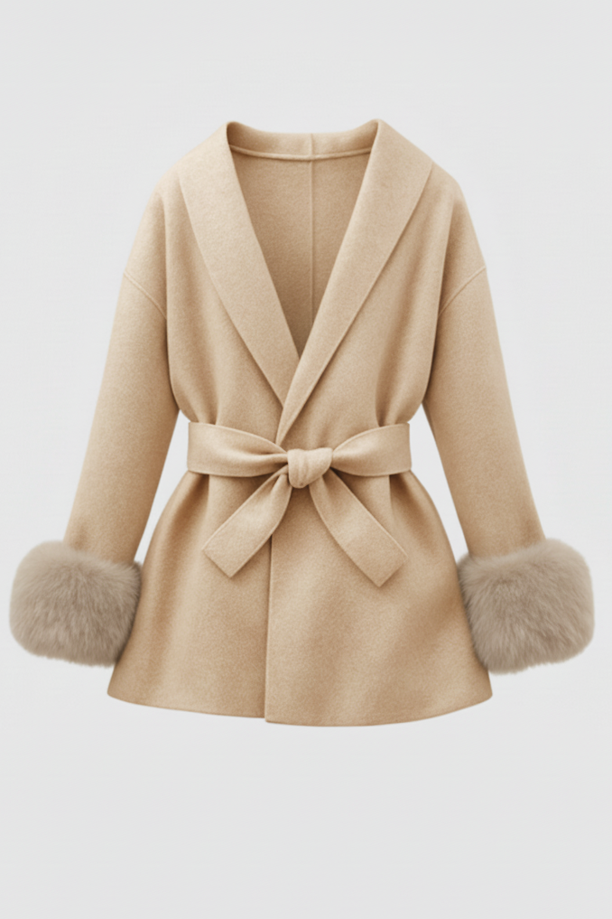 Beige coat with fur cuffs on a light gray background