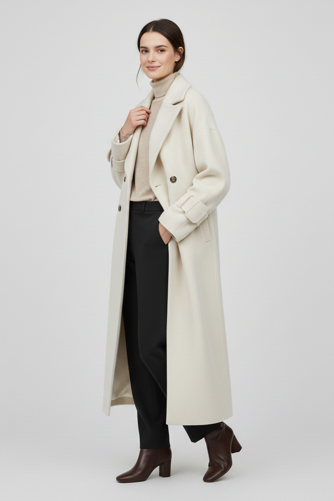 Woman wearing a long beige coat on a white background