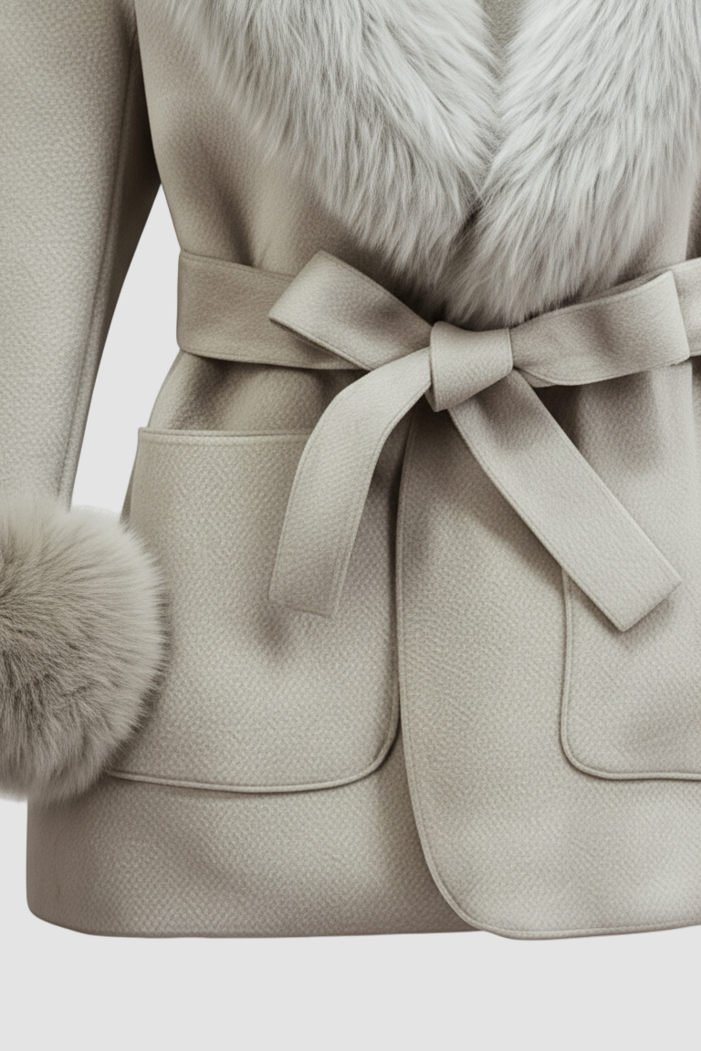 Beige coat with fur collar and pom-pom details on a light gray background