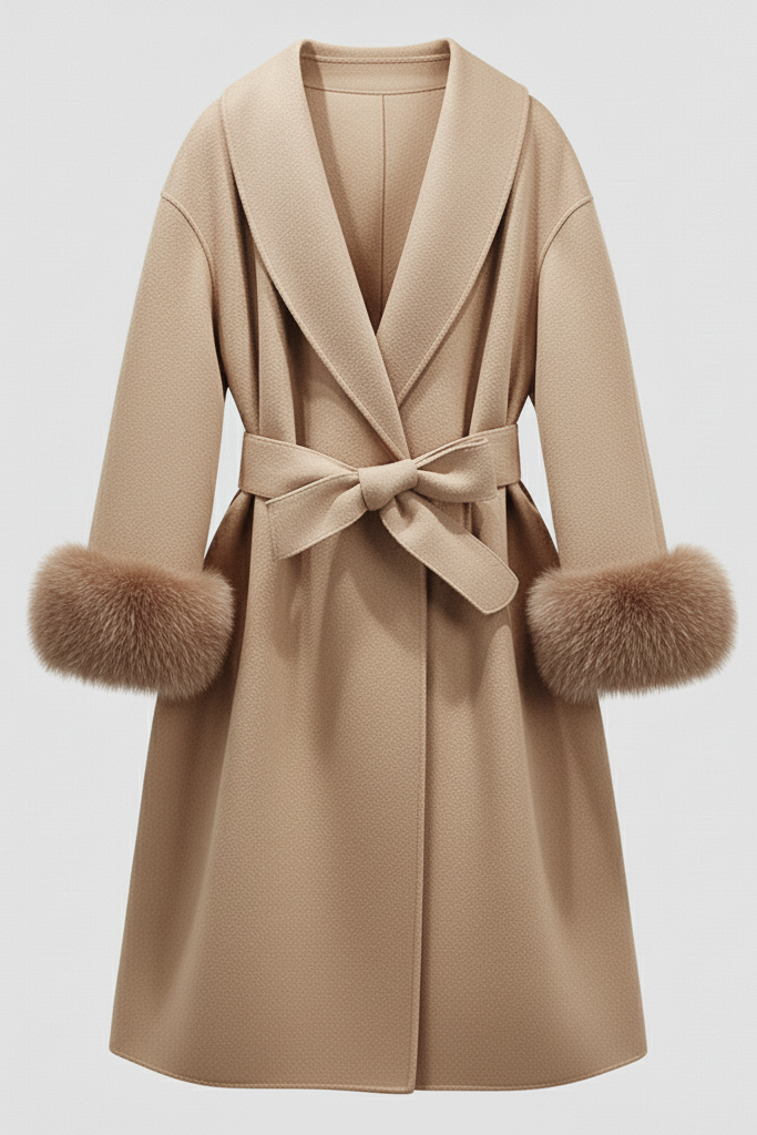 Beige coat with fur cuffs on a light gray background