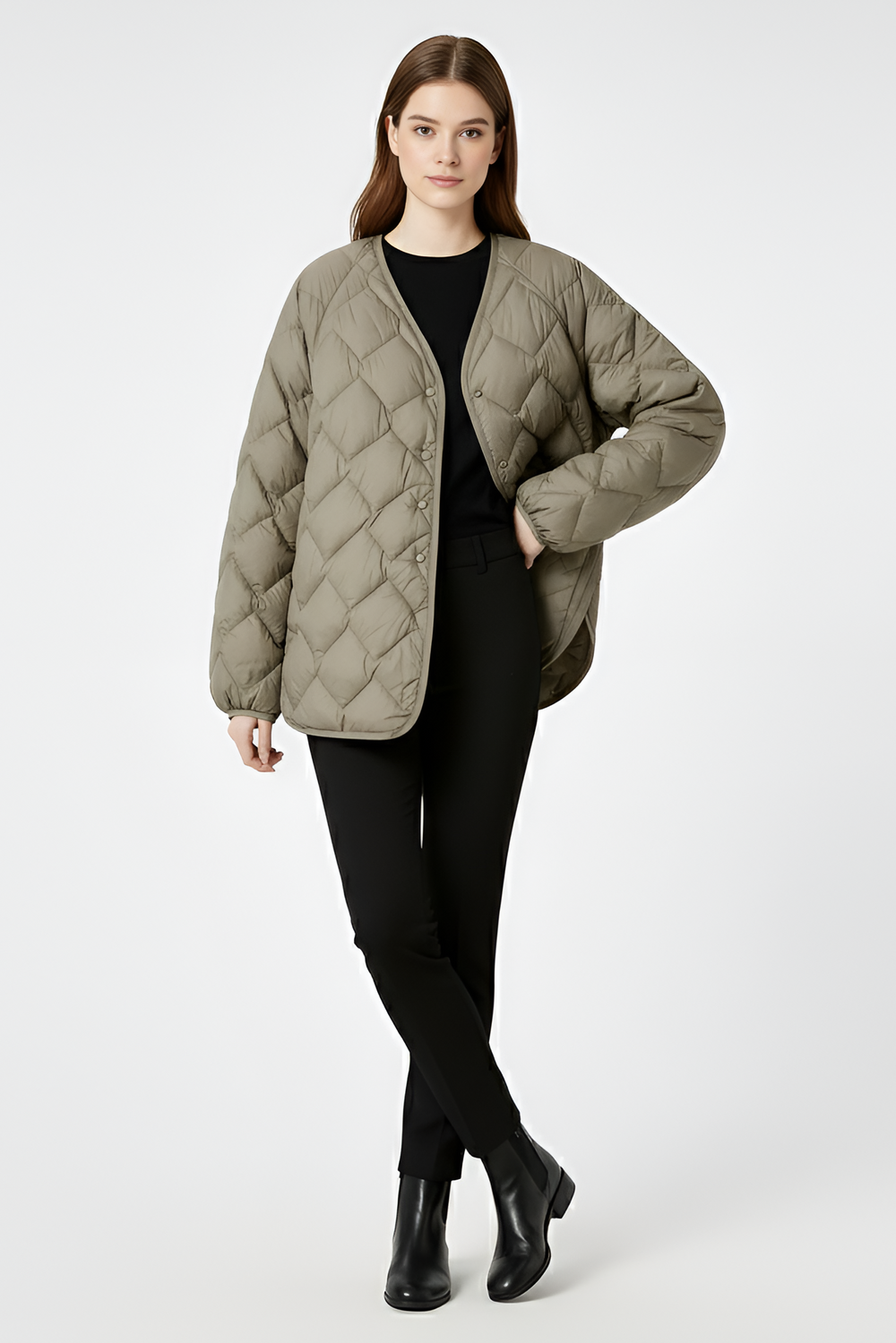 Beige collarless quilted puffer coat hanging front display