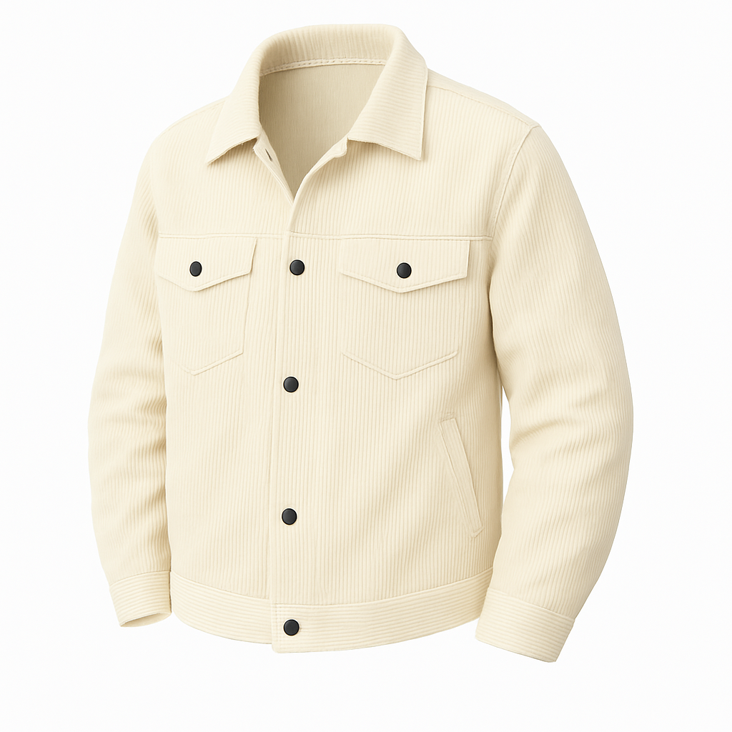 Beige corduroy shirt with black buttons on a white background