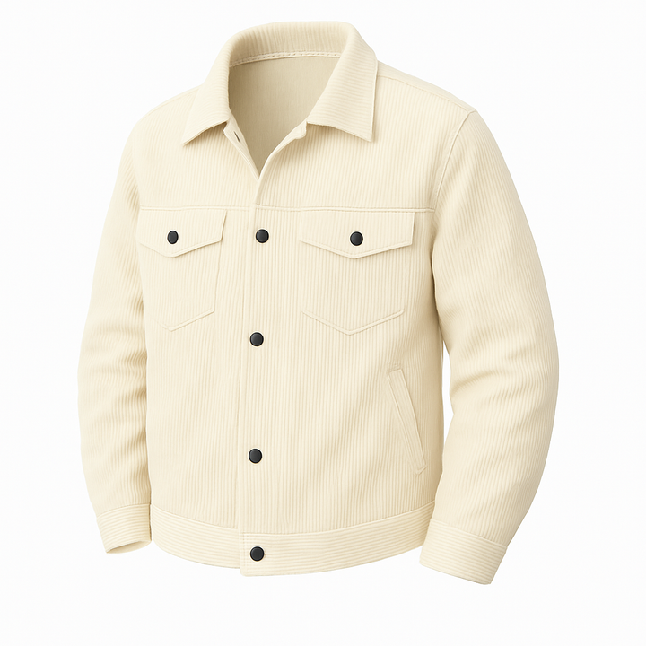 Beige corduroy shirt with black buttons on a white background