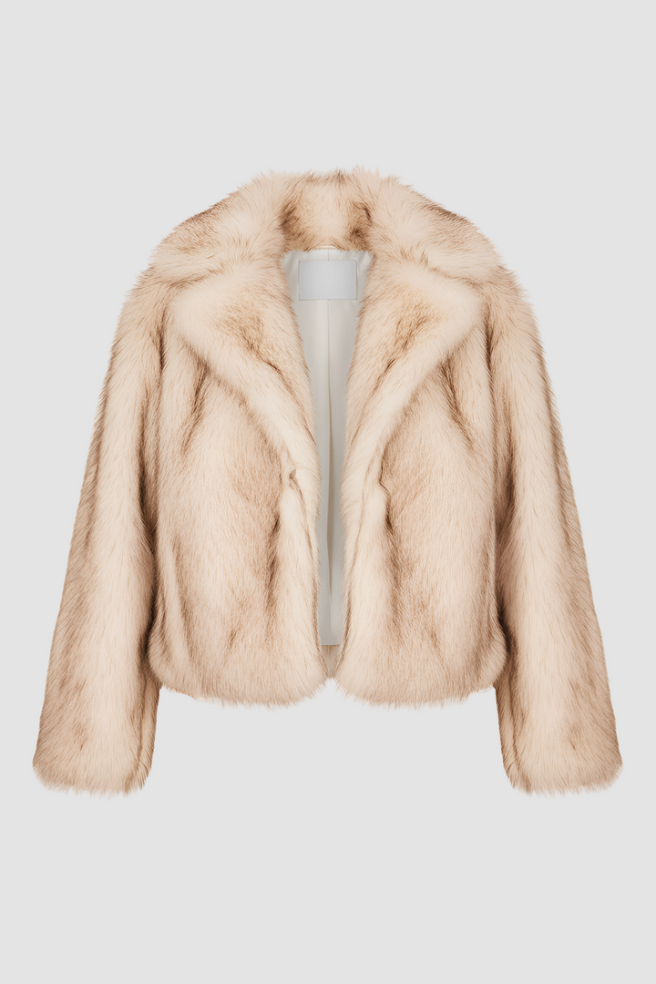 Beige faux fur jacket on a white background