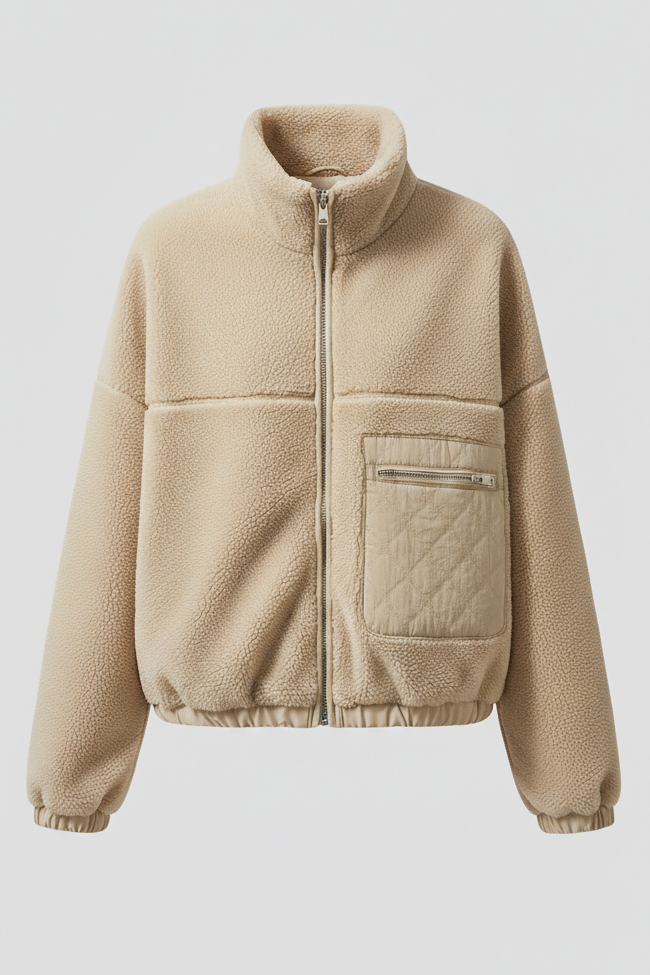Beige fleece jacket on a light gray background