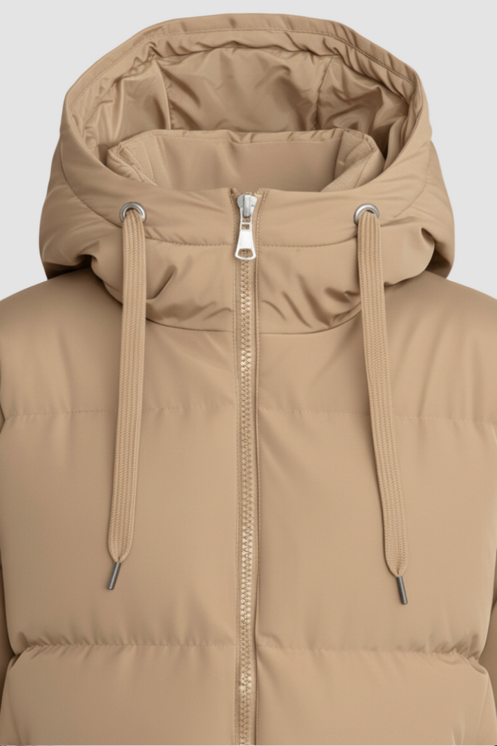 Beige hooded jacket with a zipper on a white background