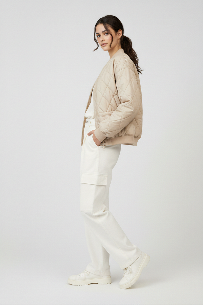 Woman wearing a beige quilted jacket and white pants on a light gray background