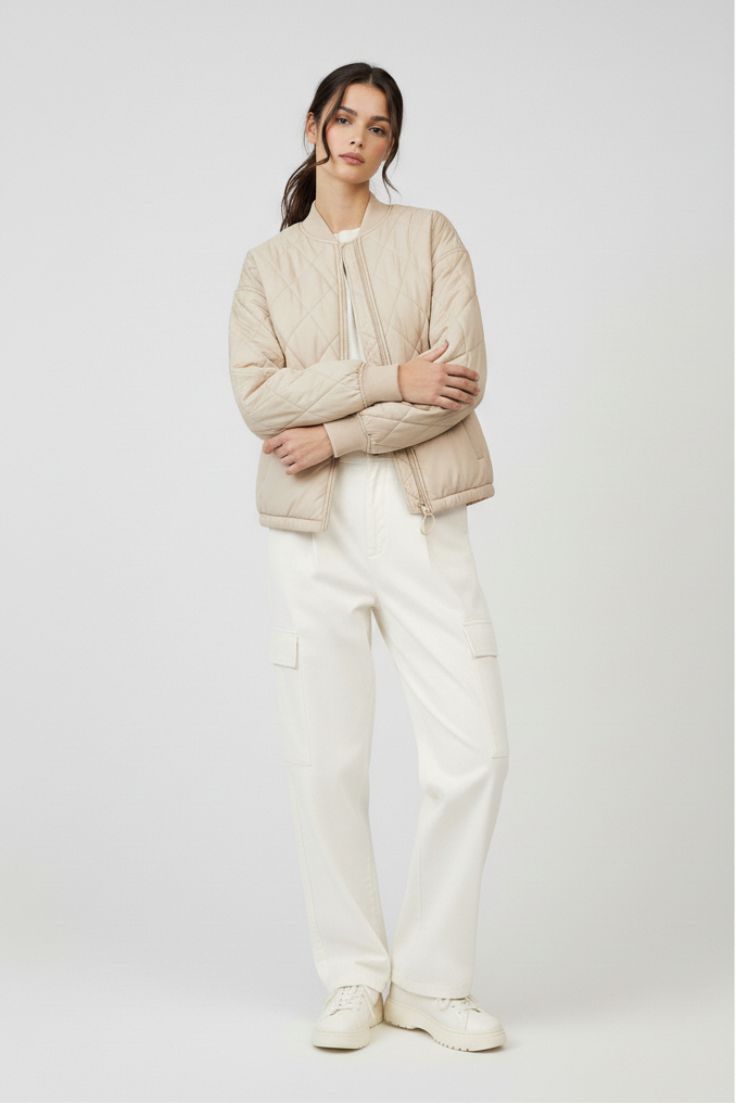 Woman wearing a beige quilted jacket and white pants on a light gray background