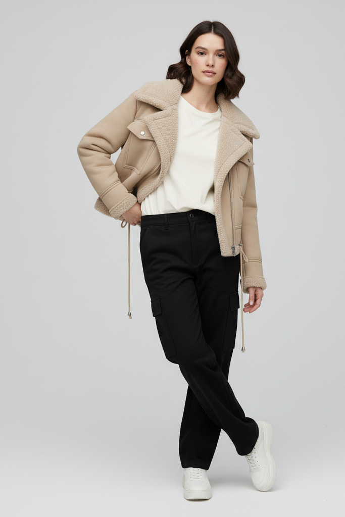 Woman wearing a beige jacket, white shirt, black pants, and white sneakers on a light gray background