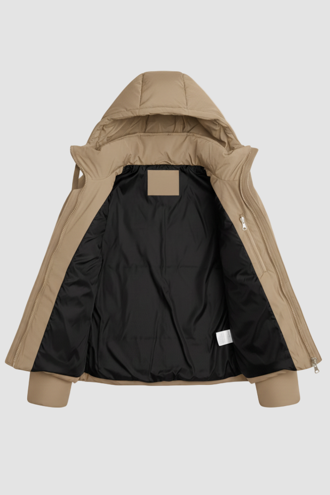 Beige jacket with black lining on a white background