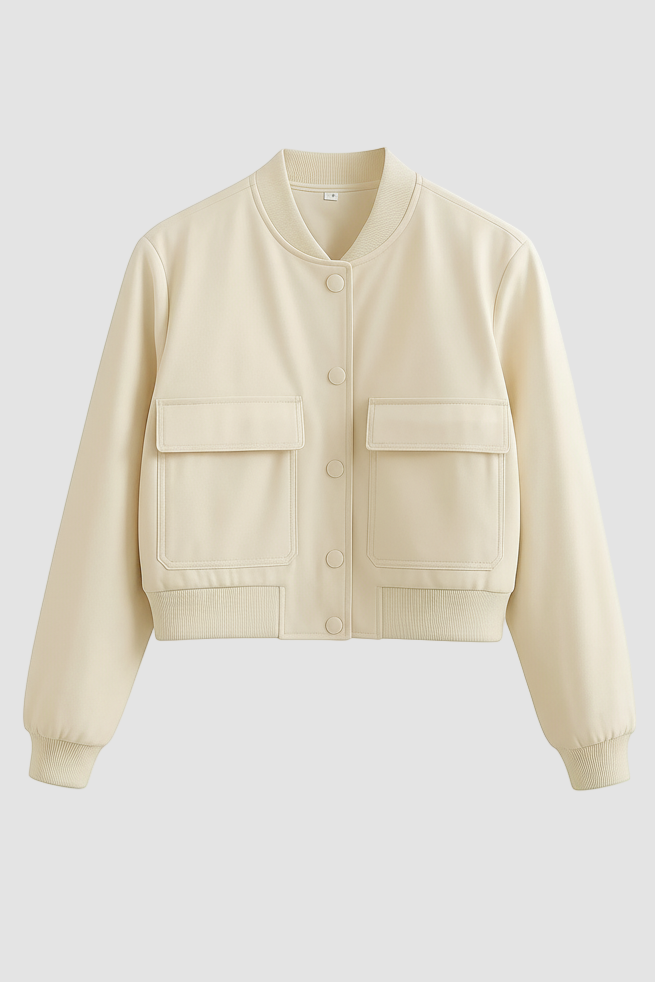 Beige jacket with button details on a white background
