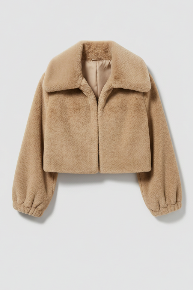 Beige jacket with fur collar on a light gray background