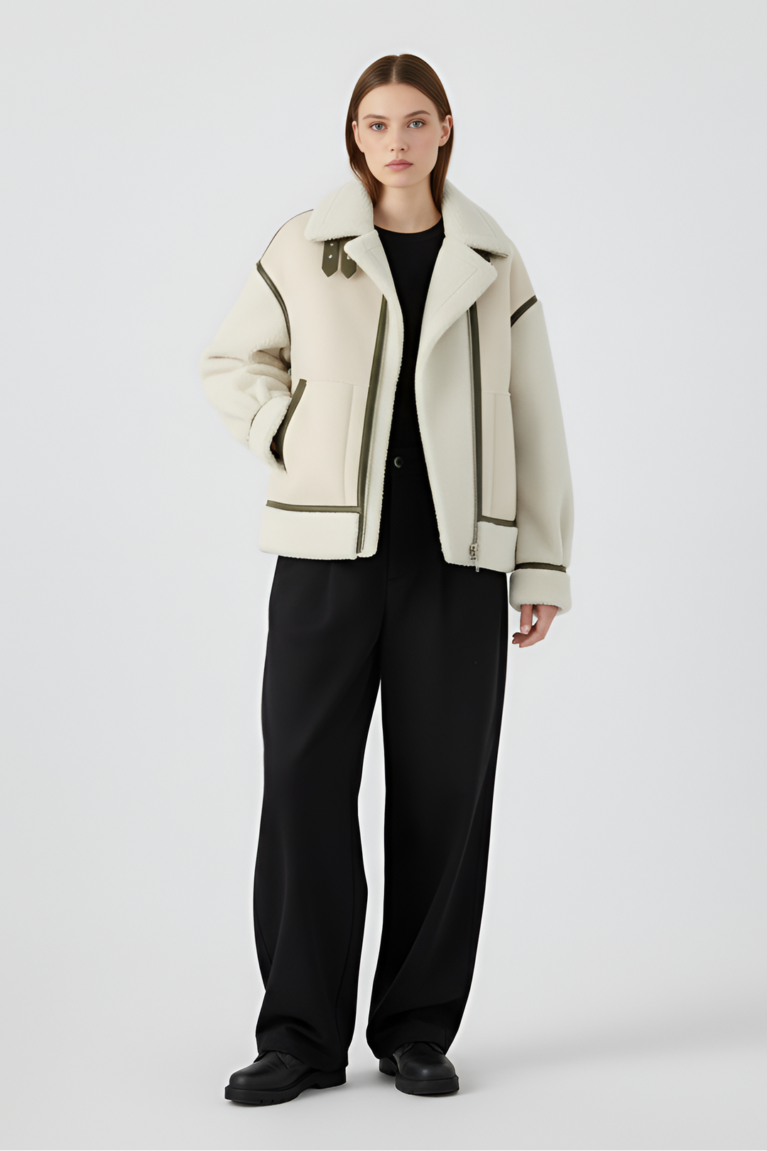 SELVARA women's suede coat lifestyle winter studio shot