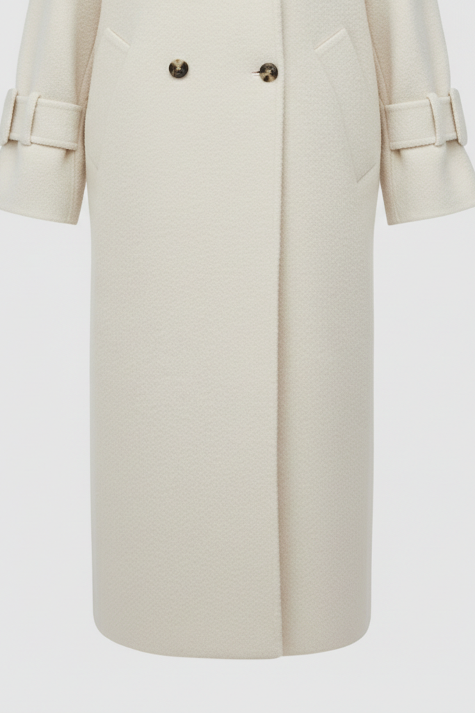 Beige overcoat with belt on a light gray background