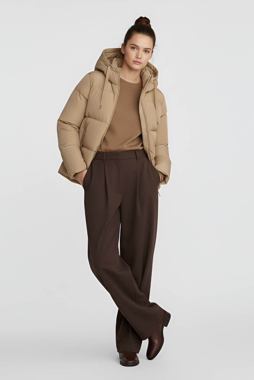 Woman wearing a beige puffer jacket on a plain background