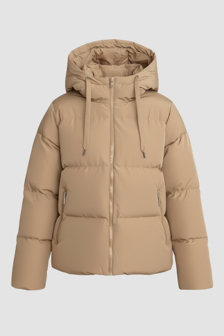 Beige puffer jacket with a hood on a light gray background