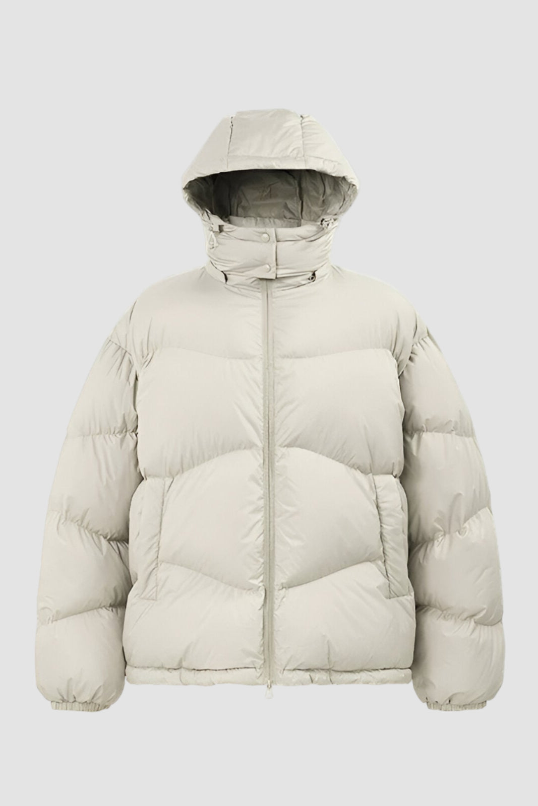 Beige puffer jacket with a hood on a white background