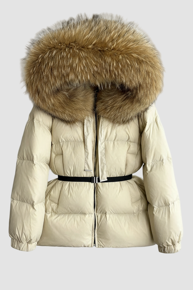 Beige puffer jacket with a large fur hood on a white background