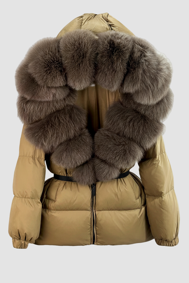 Beige puffer jacket with large fur hood on a white background
