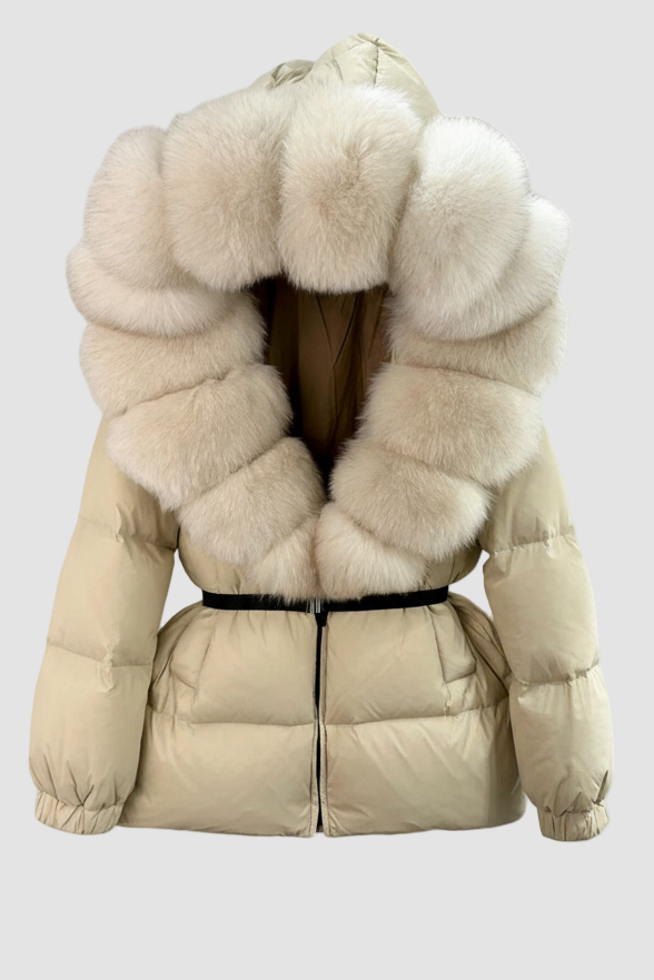 Beige puffer jacket with white fur hood on a white background
