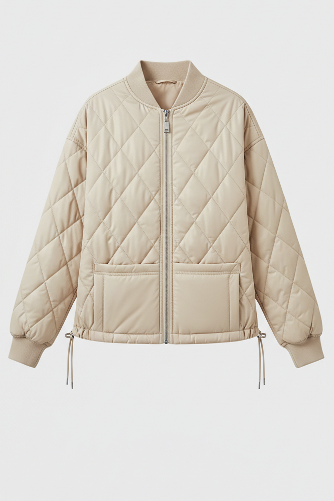 Beige quilted jacket on a white background