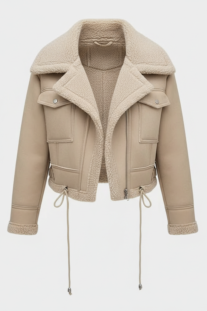 Beige shearling jacket on a light gray background