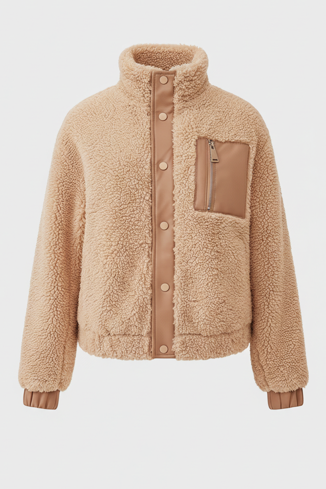 Beige sherpa jacket with a brown pocket on a light gray background