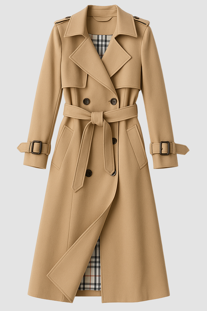 Beige trench coat with plaid lining on a white background